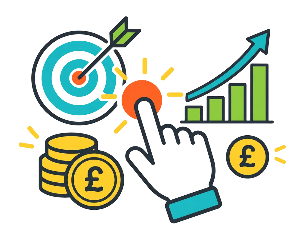 Illustration of a hand clicking an ad with a target and pound coins, representing PPC results