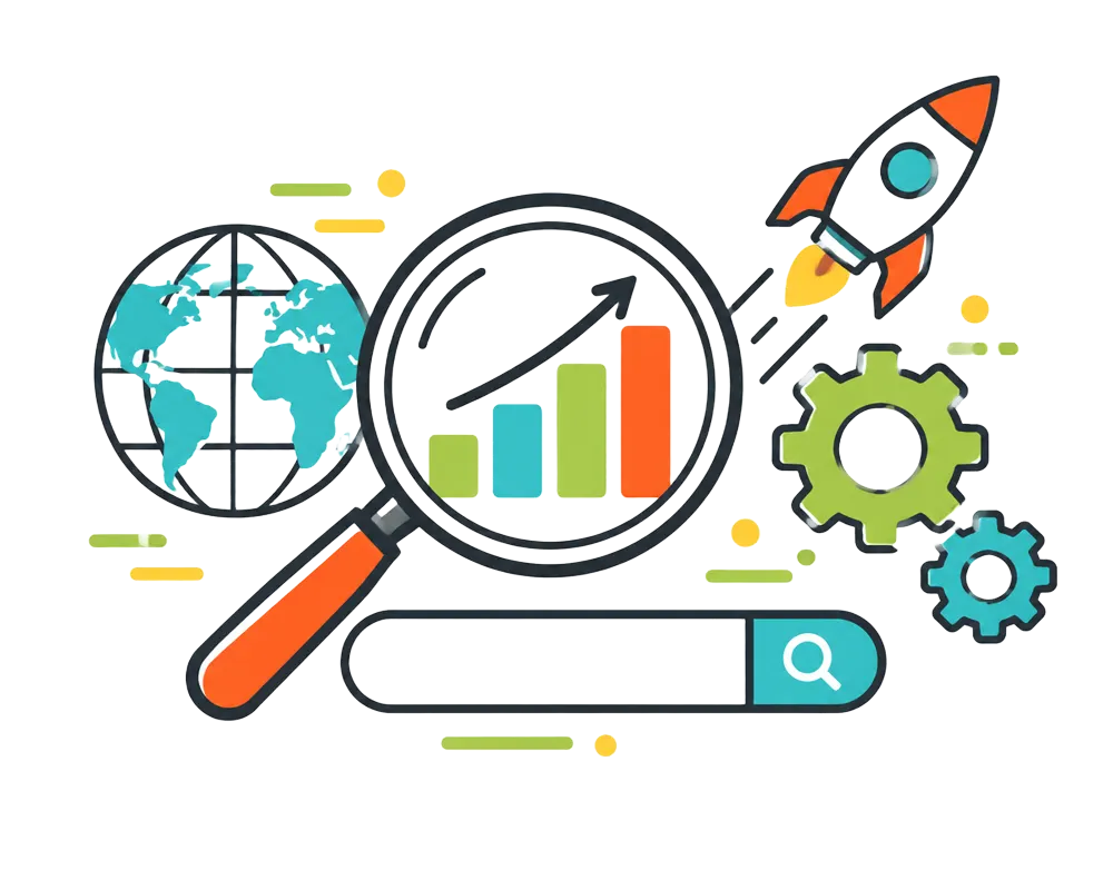 Illustration of a magnifying glass over a rising chart, representing SEO growth