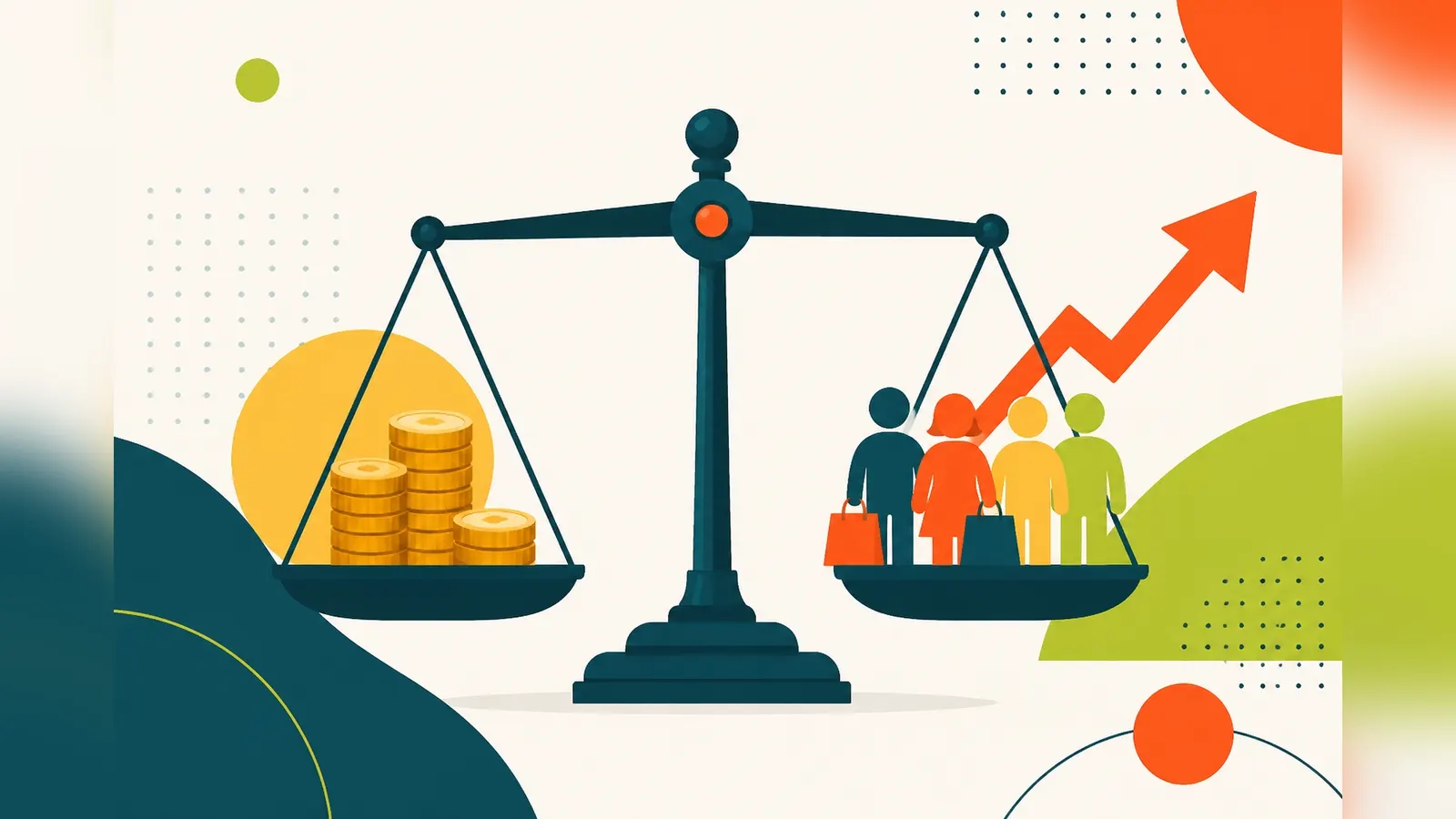 Flat illustration of a balance scale weighing pound coins against customer icons with shopping bags, with a rising arrow, weighing up Google Ads returns