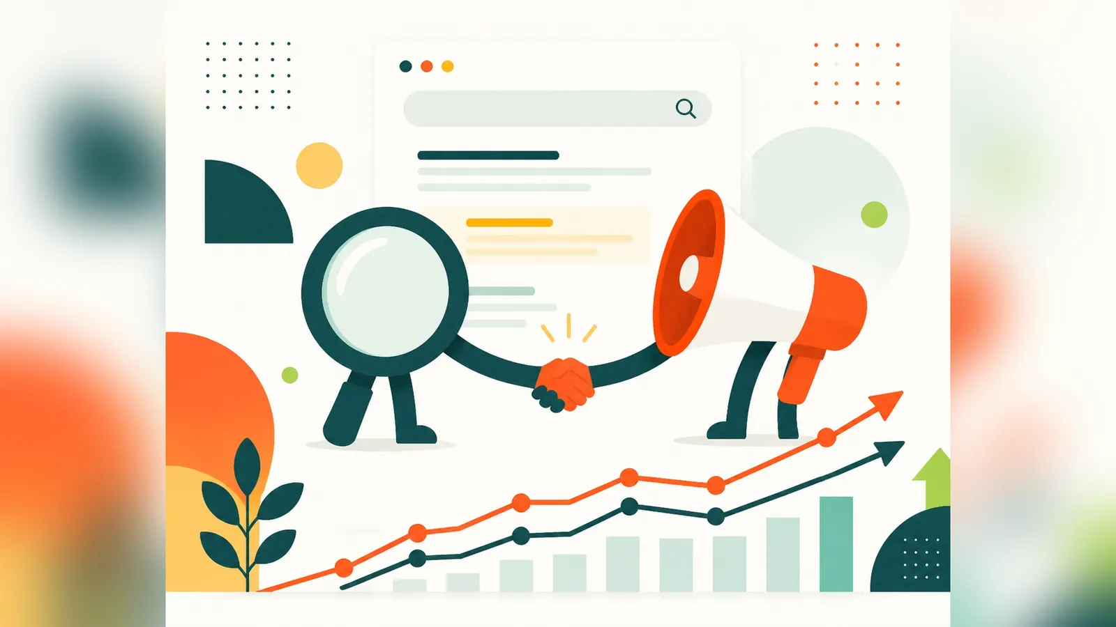 Flat illustration of a magnifying glass and megaphone shaking hands above a rising chart with two lines climbing together, representing PPC and SEO working together