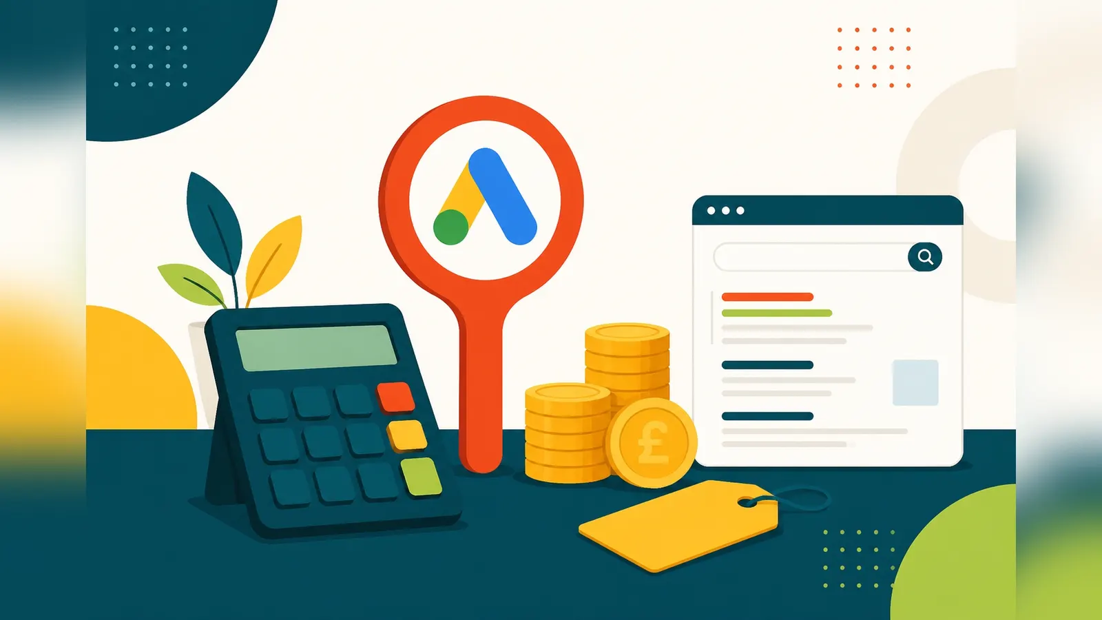 Flat illustration of a calculator next to a bid paddle, stacks of pound coins, a price tag and a search results page, representing Google Ads costs in the UK