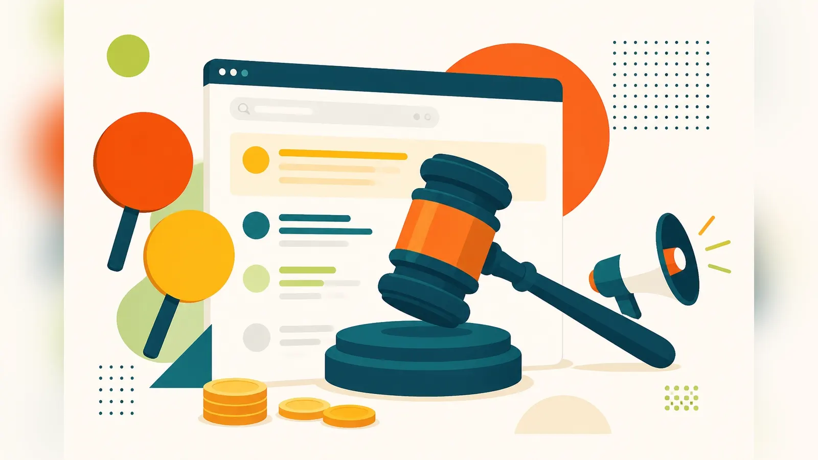 Flat illustration of an auction gavel resting on a search results page with bid paddles, coins and a megaphone, representing how Google Ads works