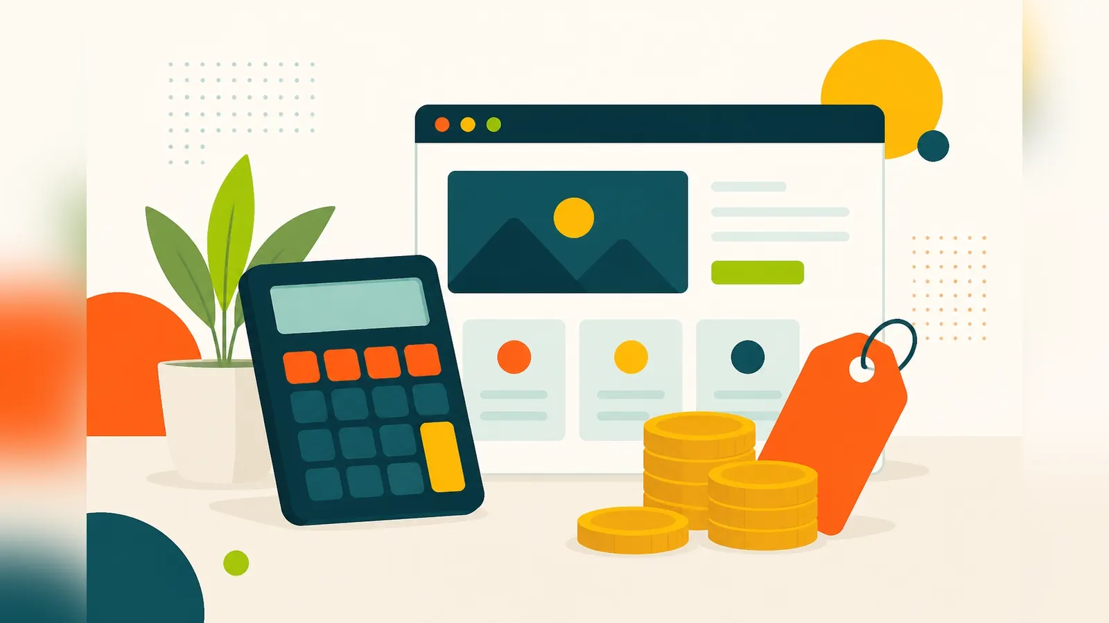 Flat illustration of a calculator beside a browser window with stacks of pound coins and a price tag, representing UK website costs