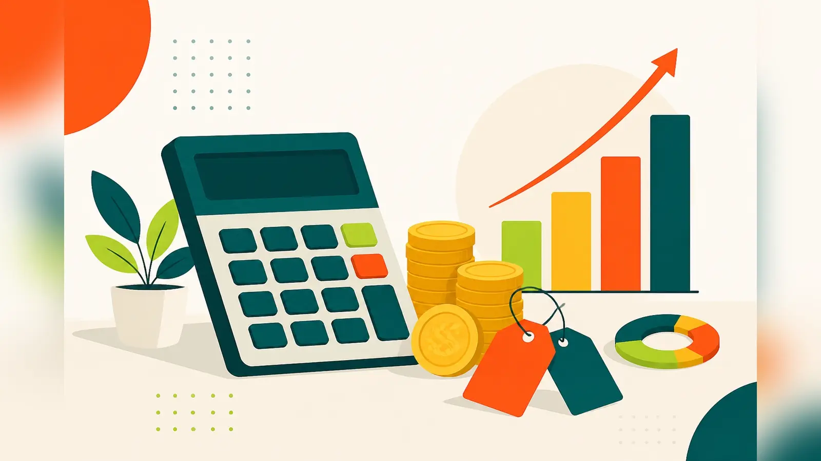 Flat illustration of a calculator with stacks of pound coins, price tags and a rising bar chart, representing UK SEO costs