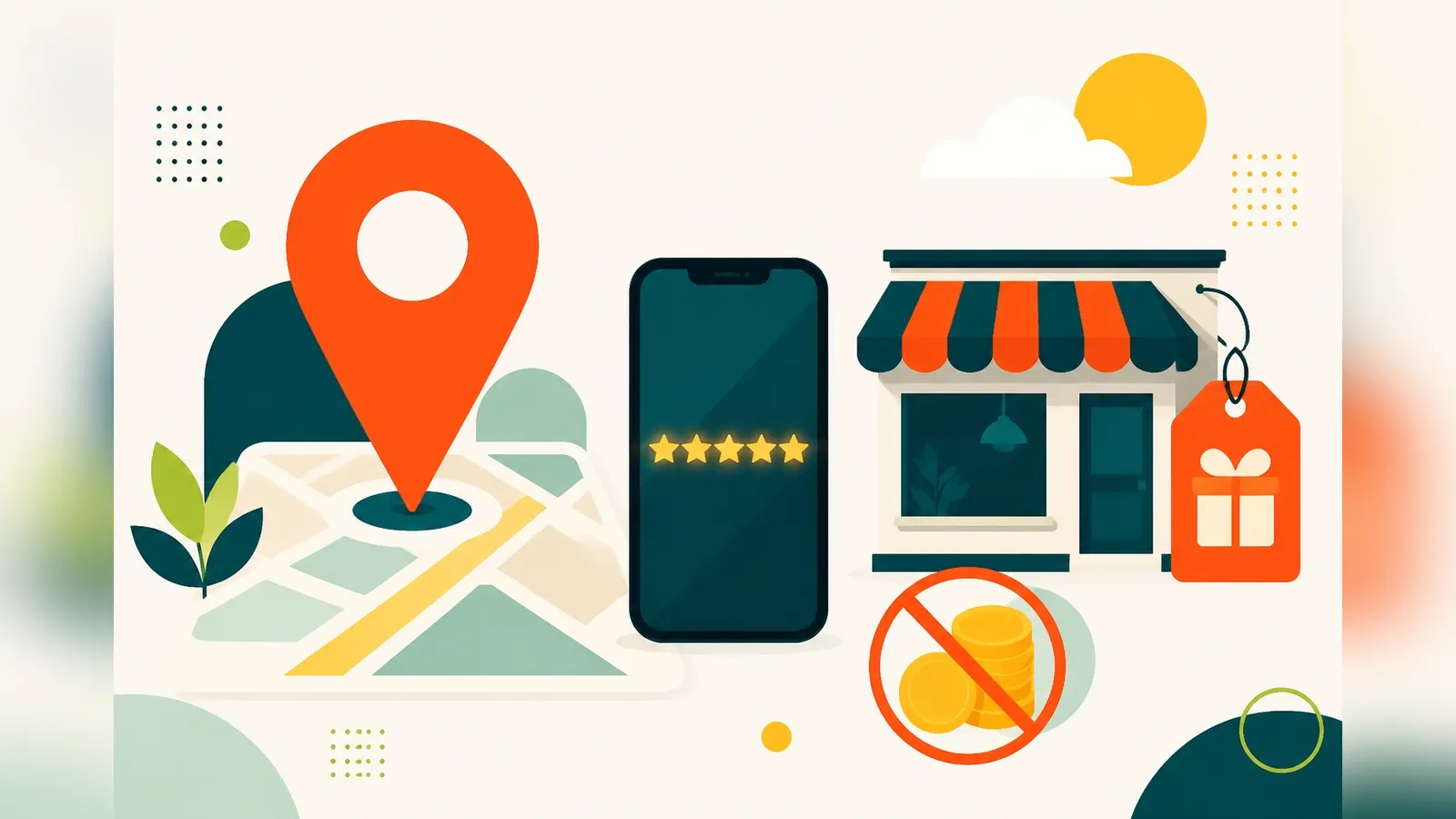 Flat illustration of a map pin on a street map, a smartphone with five review stars and a shop front with a gift tag, representing free ways to advertise on Google