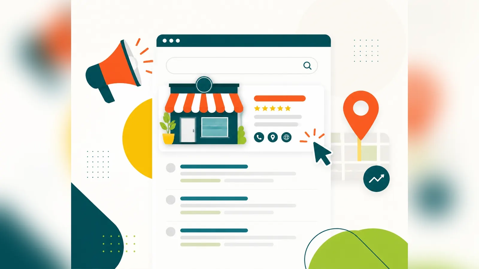 Flat illustration of a friendly shop front appearing at the top of a search results page with a megaphone, map pin and cursor clicking the listing