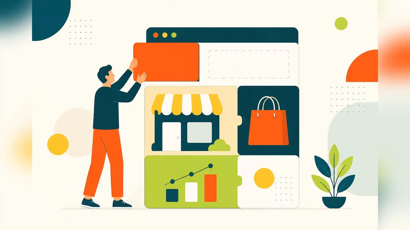Flat illustration of a person stacking building blocks to assemble a browser window with shop front, shopping bag and chart icons for a business website