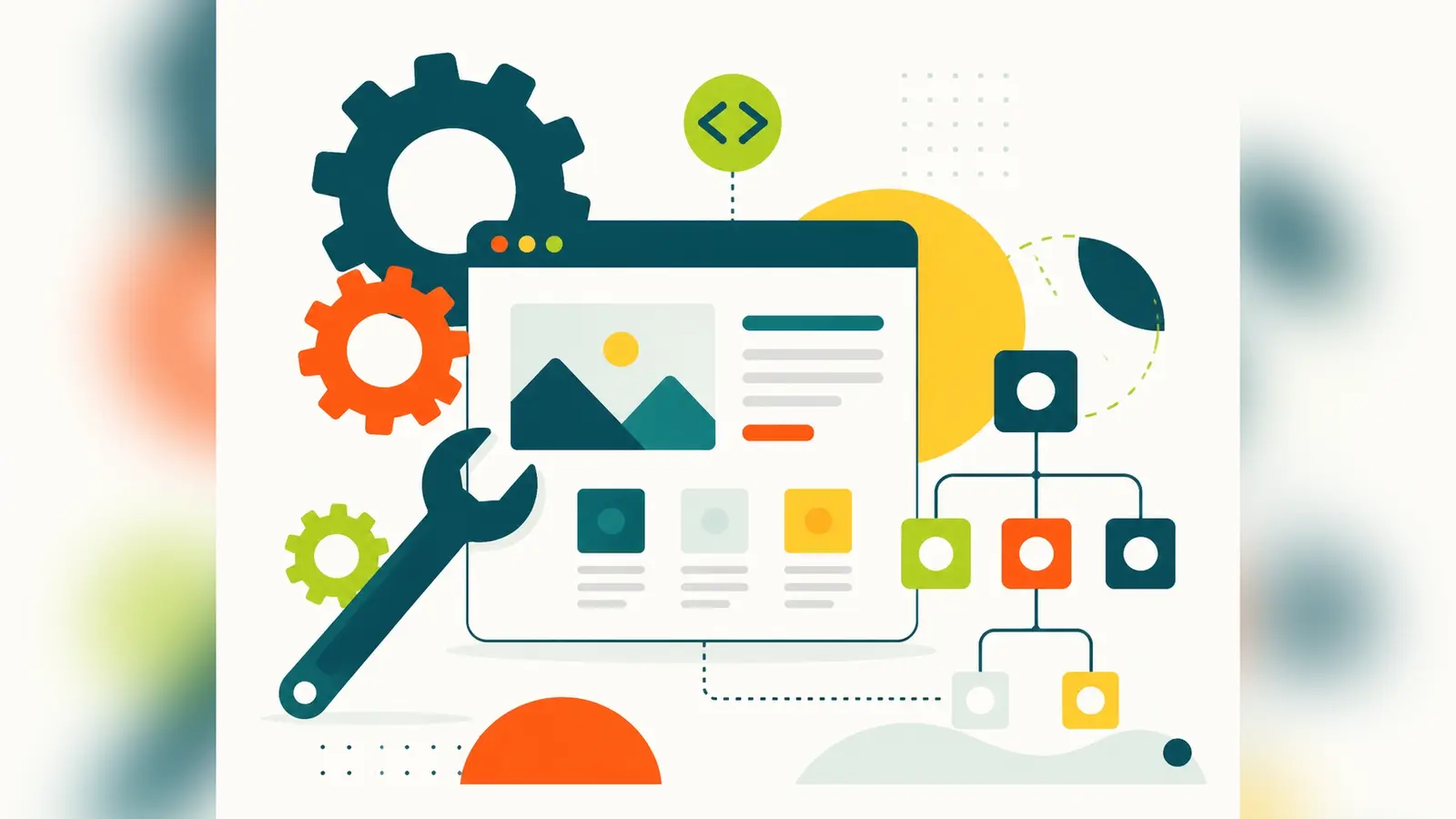 Flat illustration of interlocking gears, code brackets and a spanner tuning a sitemap tree next to a stylised website