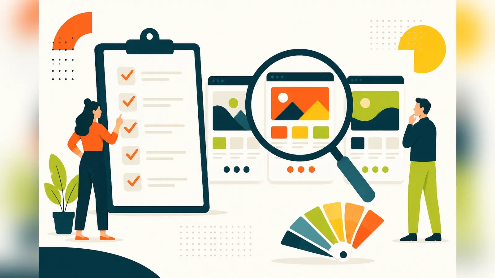 Flat illustration of a checklist with ticks, a magnifying glass over web design portfolio cards and colour swatches, representing how to choose a web design agency