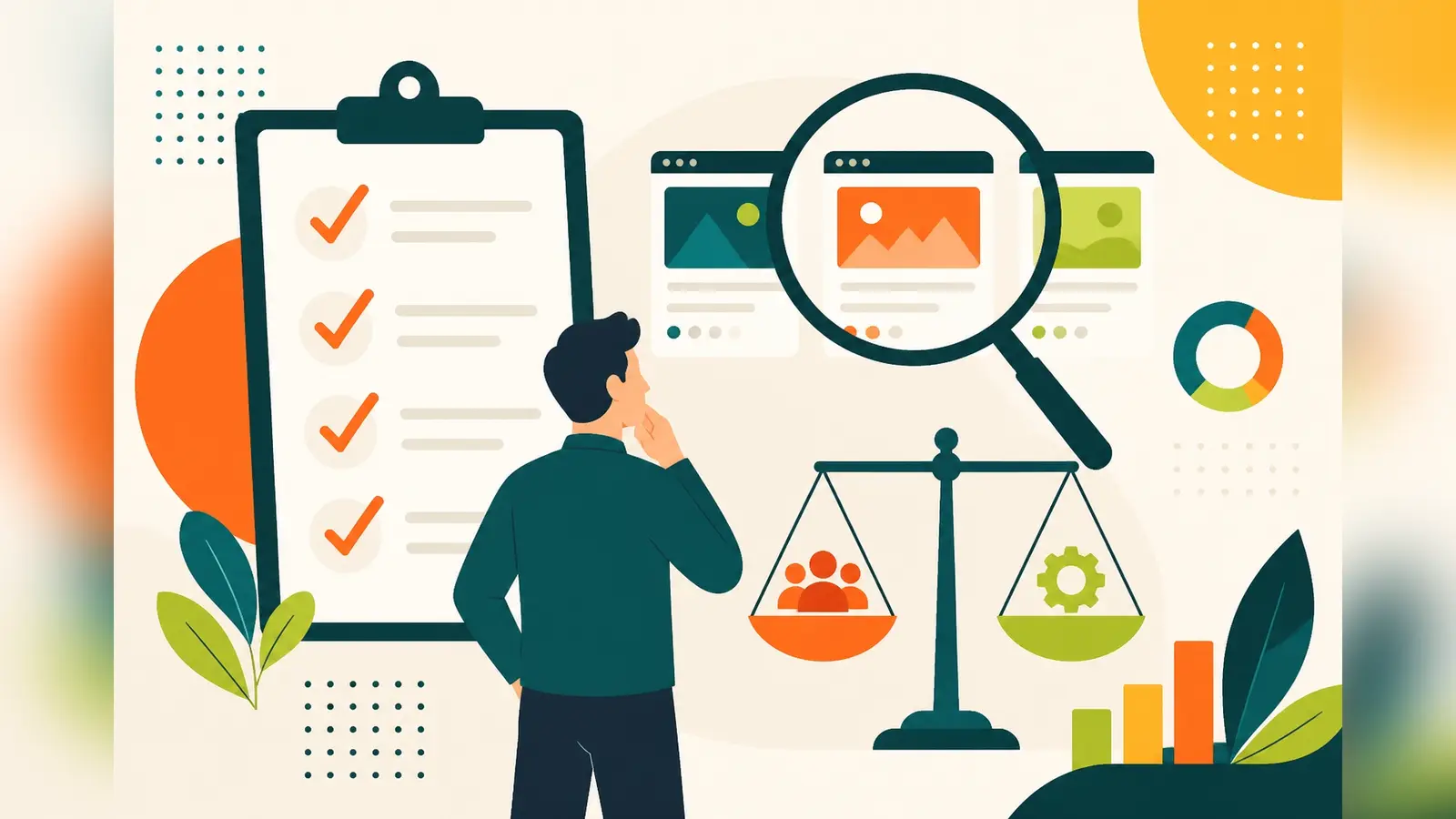 Flat illustration of a completed checklist with a magnifying glass comparing three website cards, and a person weighing options on scales
