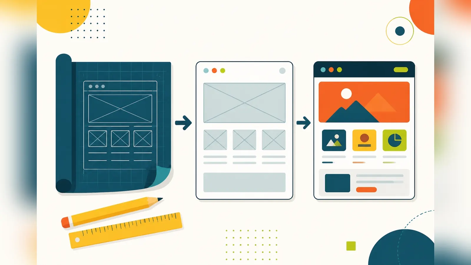 Flat illustration of a blueprint turning into wireframe blocks and a finished website page with step arrows, a pencil and a ruler