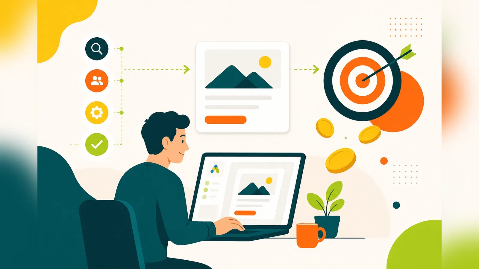Flat illustration of a person at a laptop building an advertisement card with a step checklist, target and coins, representing setting up Google Ads