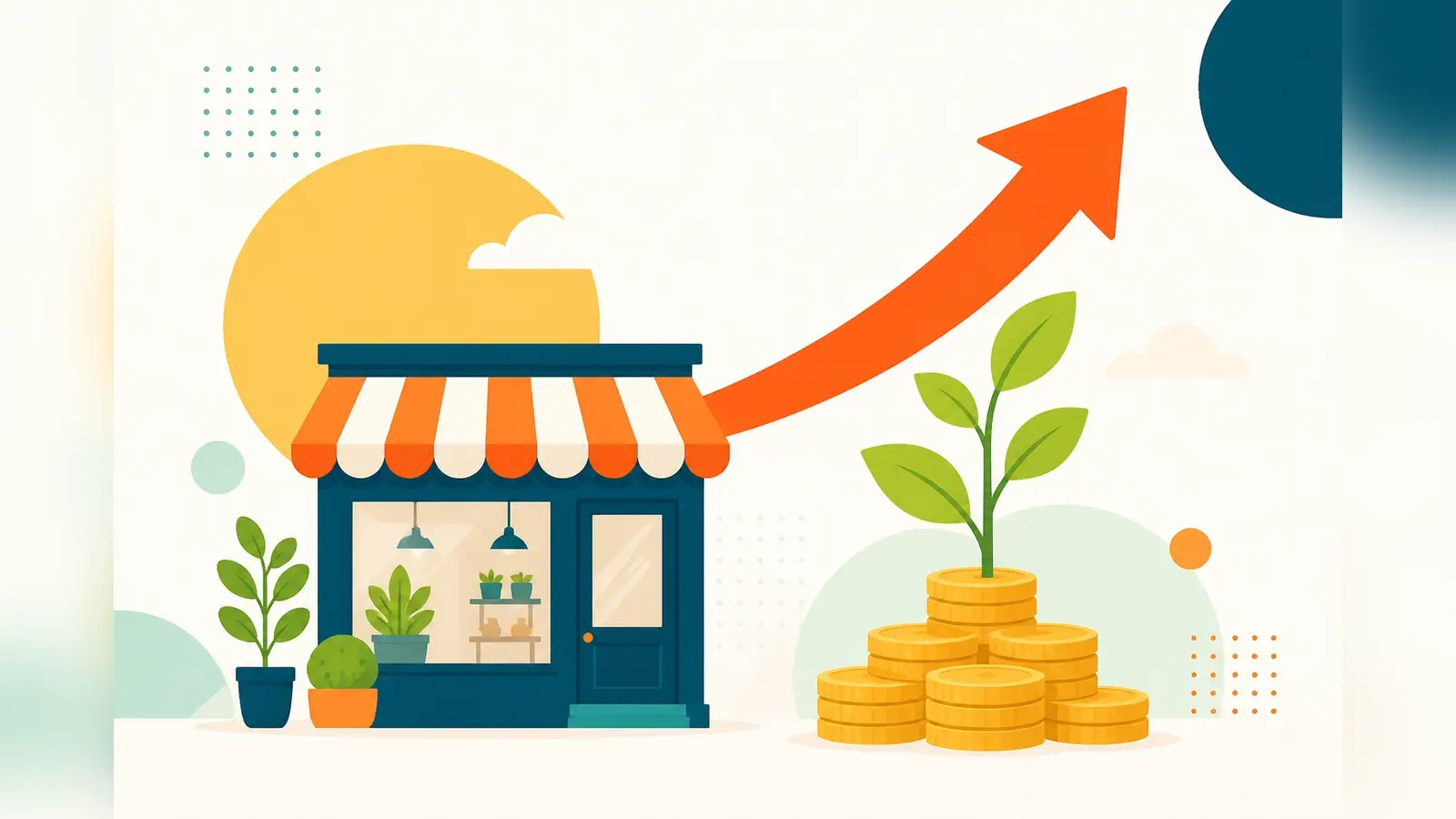 Flat illustration of a small shop front with a plant sprouting from pound coins and a rising arrow overhead, showing SEO return on investment