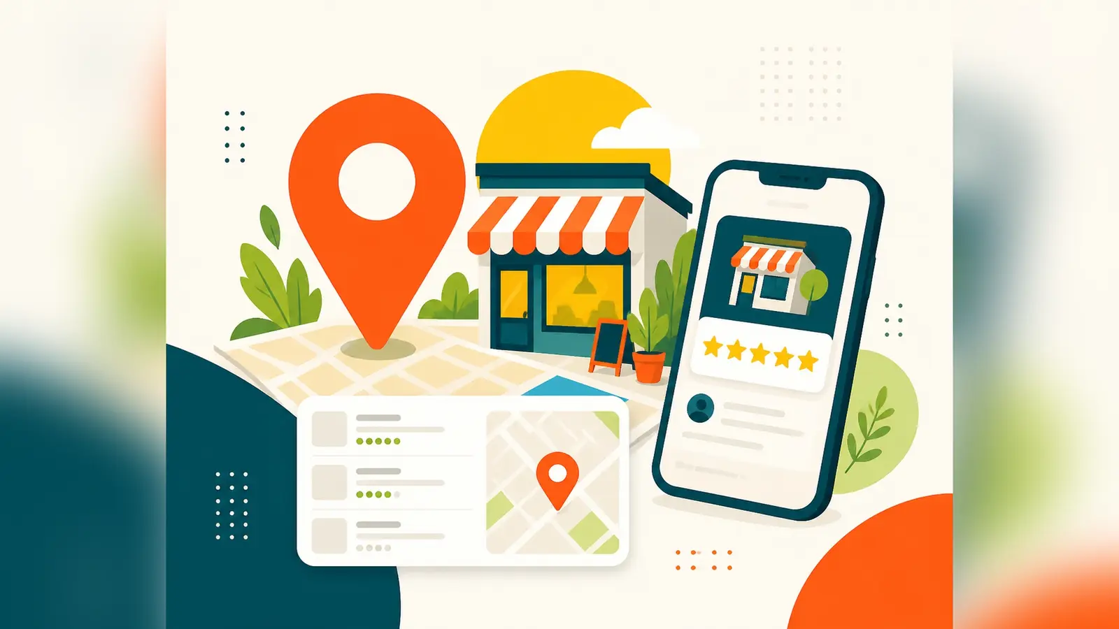 Flat illustration of a large map pin on a street map beside a shop front and a phone showing five-star reviews, representing local SEO