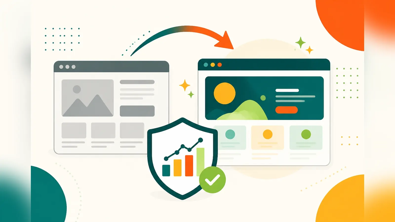 Flat illustration of an old browser window transforming into a new one with a shield and chart protecting search rankings during a website redesign