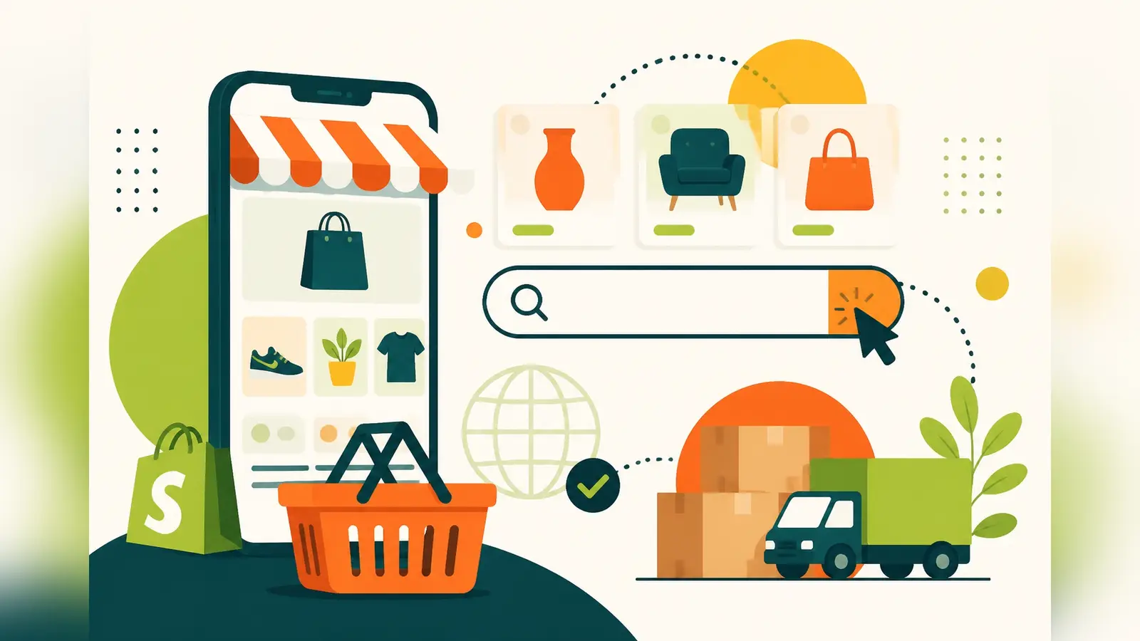 Flat illustration of a smartphone showing an online shop with a shopping basket, search bar, product cards and delivery boxes, representing ecommerce SEO