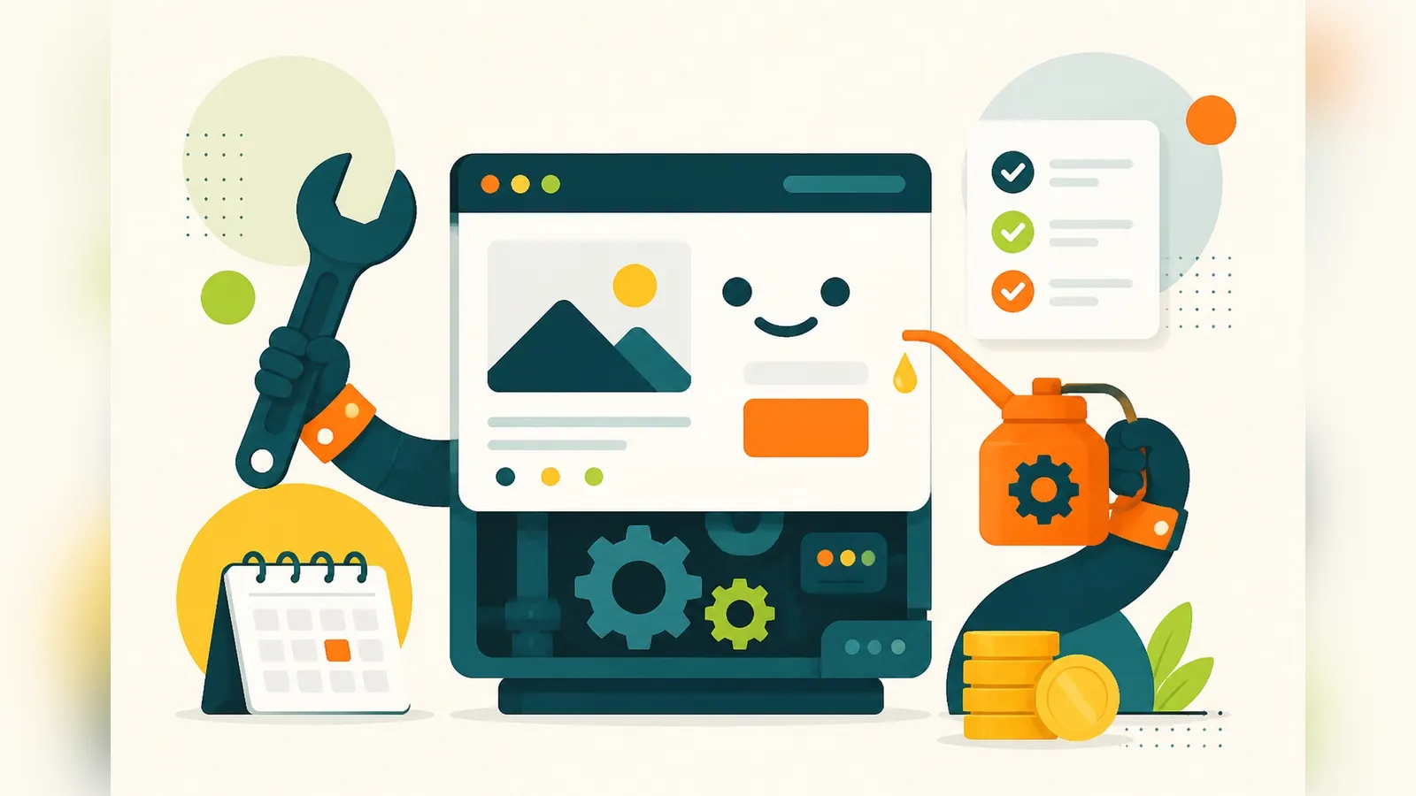 Flat illustration of a spanner and oil can servicing a website like a machine, with a calendar, coins and a checklist, representing website maintenance