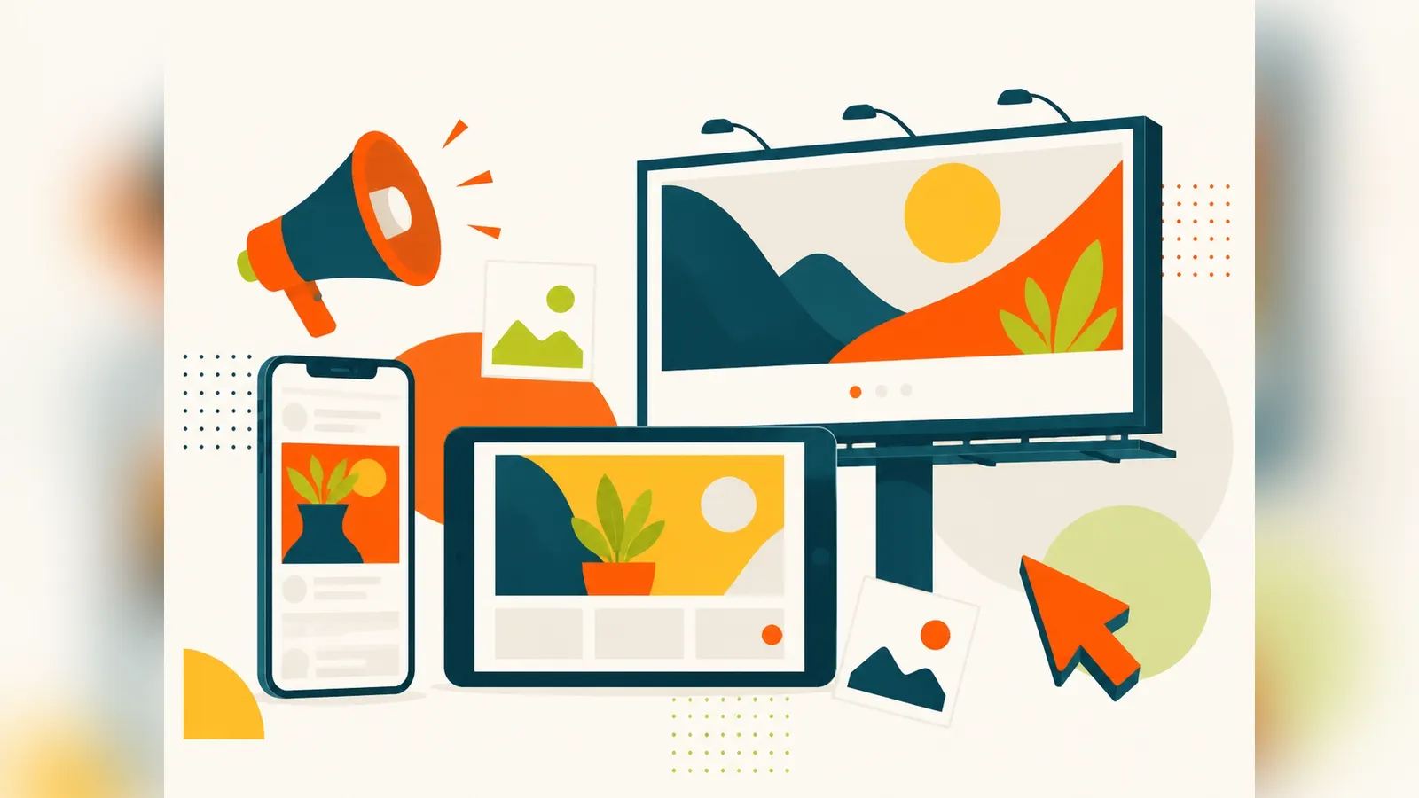 Flat illustration of banner advertisements shown on a smartphone, tablet and large billboard with frames, a megaphone and cursor, representing display advertising