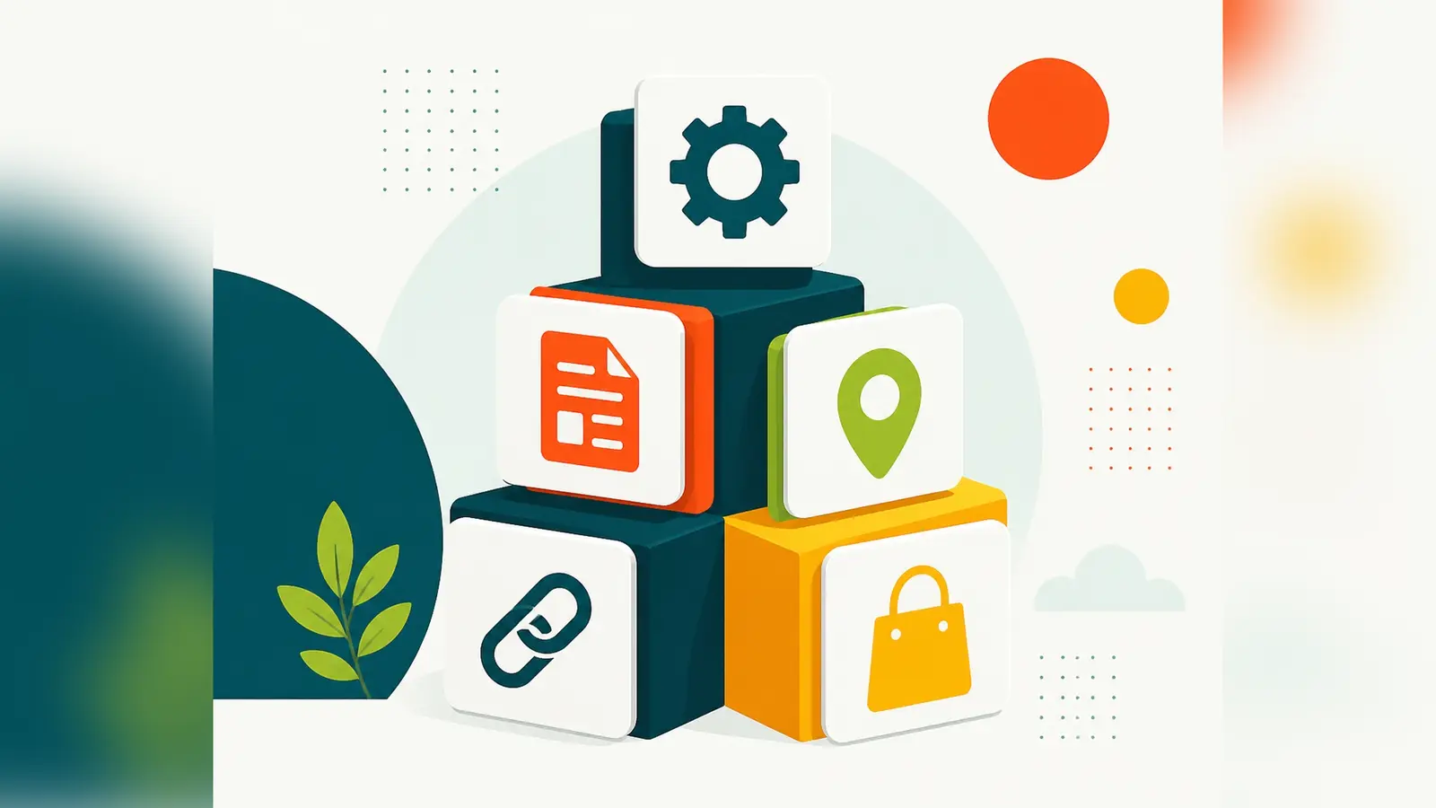 Flat illustration of a stack of building blocks holding icons for technical SEO, content, local search, link building and ecommerce