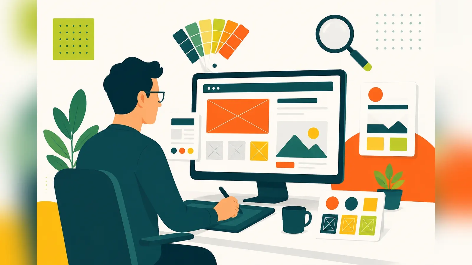 Flat illustration of a web designer at a desk with a wireframe on screen, colour swatches and a pen tablet, showing what a web designer does