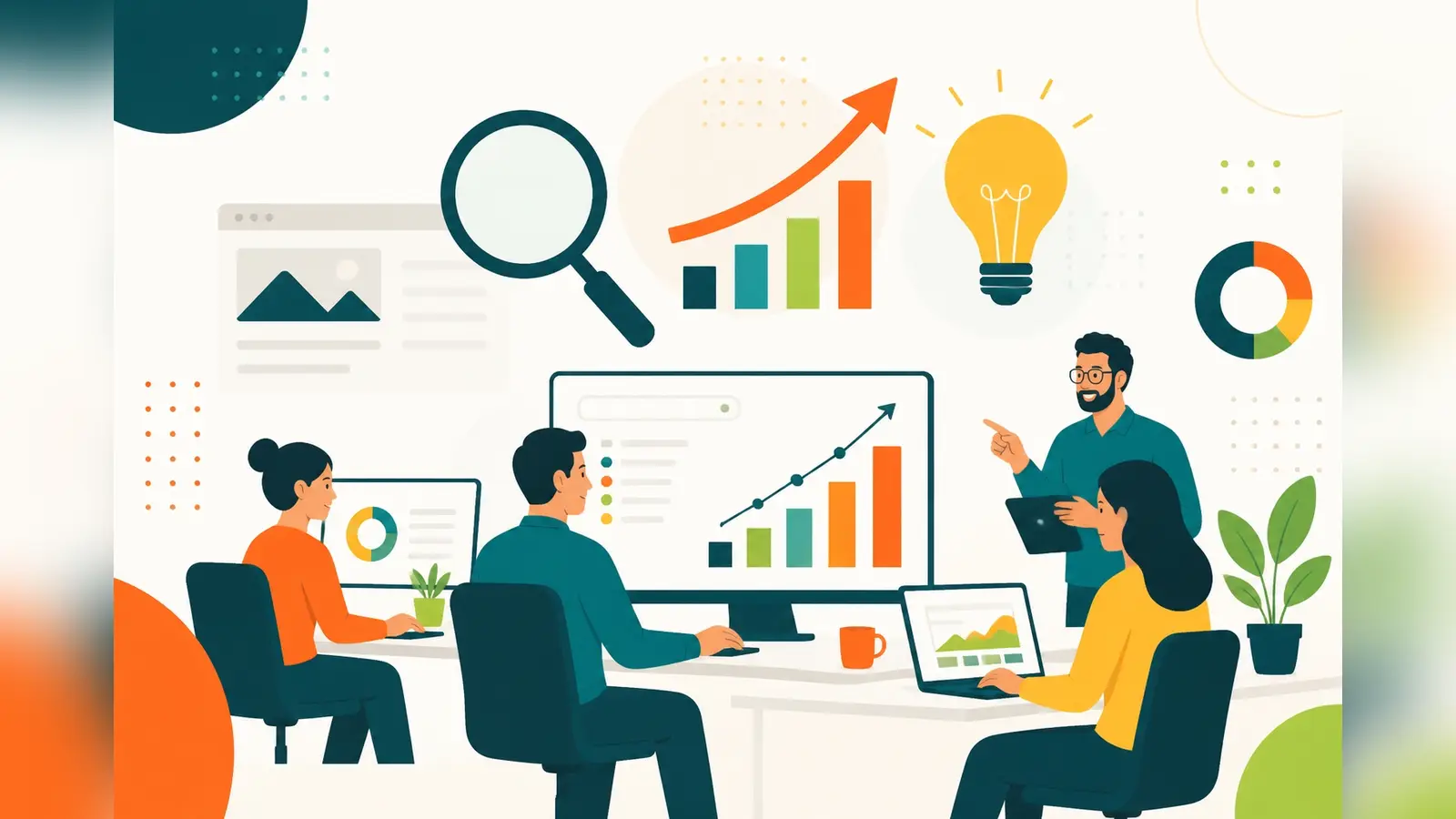 Flat illustration of a small SEO agency team at desks with monitors showing search ranking charts and a lightbulb idea above