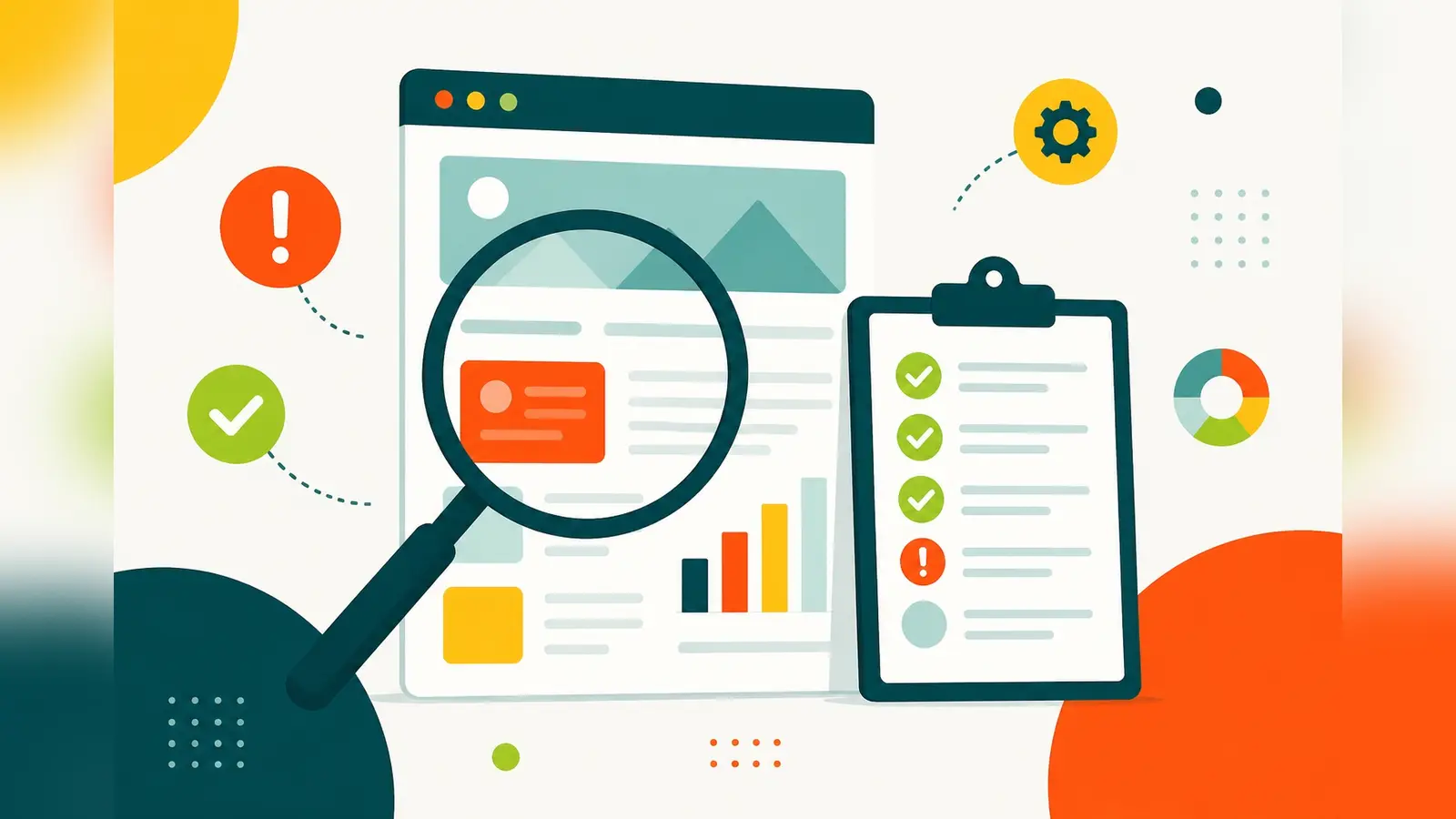 Flat illustration of a large magnifying glass inspecting a website page beside a clipboard checklist, representing an SEO audit