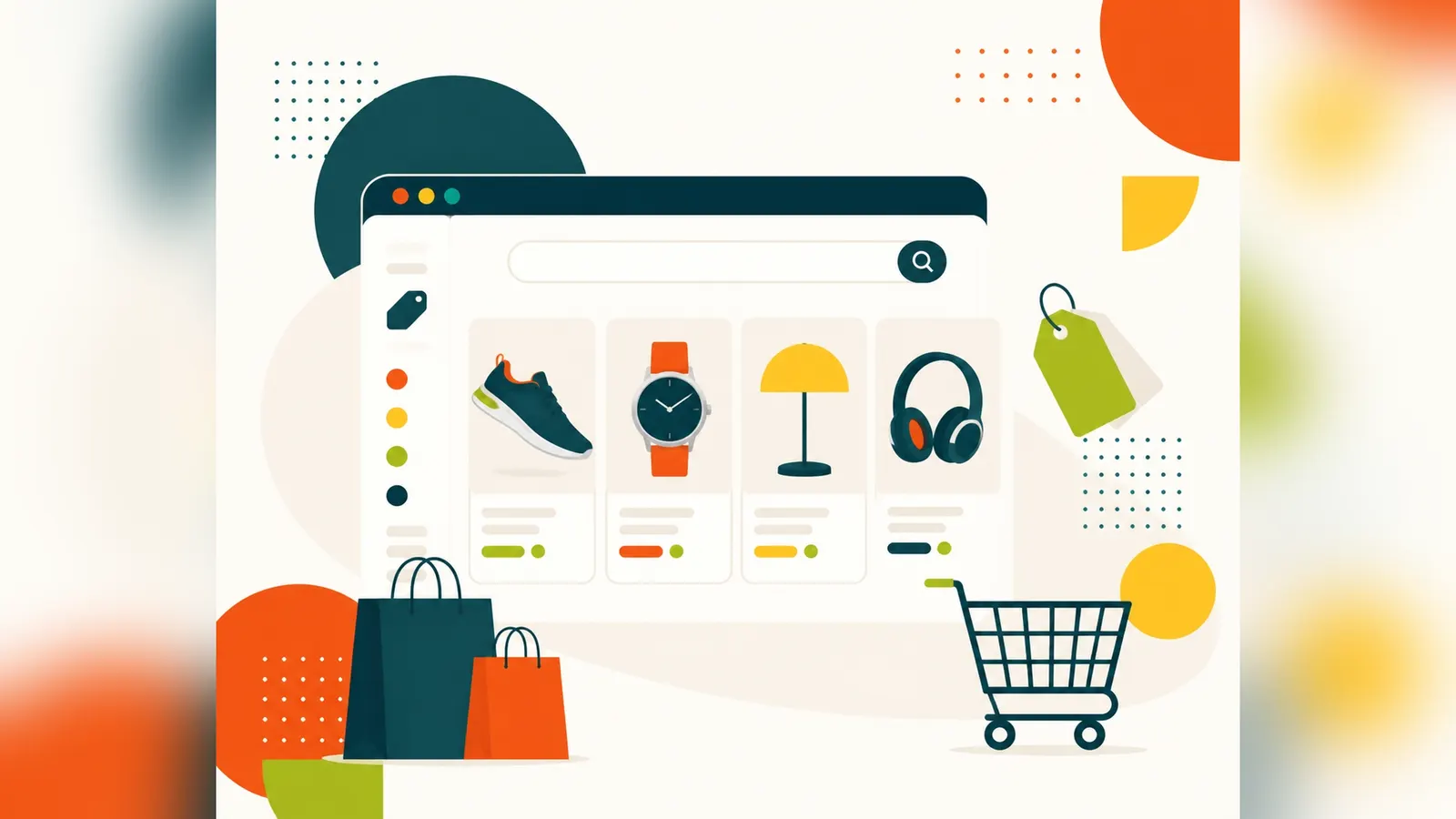 Flat illustration of a search panel with a grid of product cards showing a shoe, watch, lamp and headphones, with shopping bags, price tags and a cart, representing Google Shopping