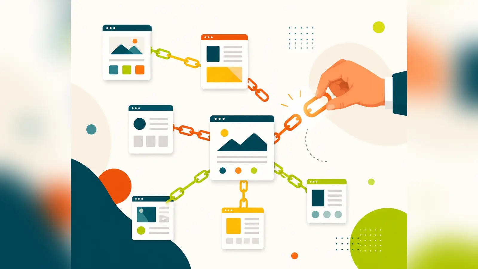 Flat illustration of website pages connected by glowing chain links in a network, with a hand placing a new link, representing link building