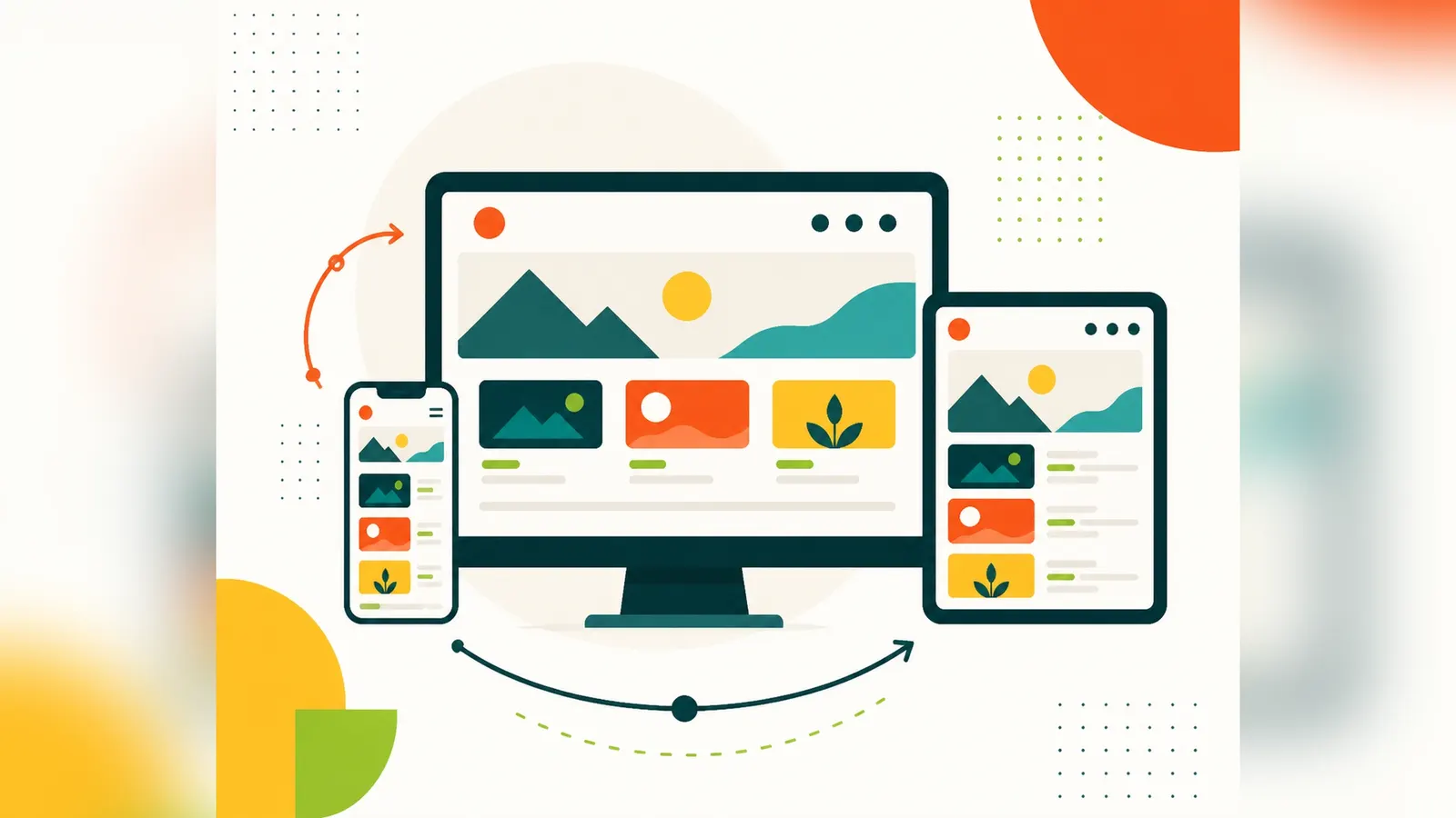 Flat illustration of a desktop monitor, tablet and smartphone showing the same website layout adapting across devices, representing responsive web design