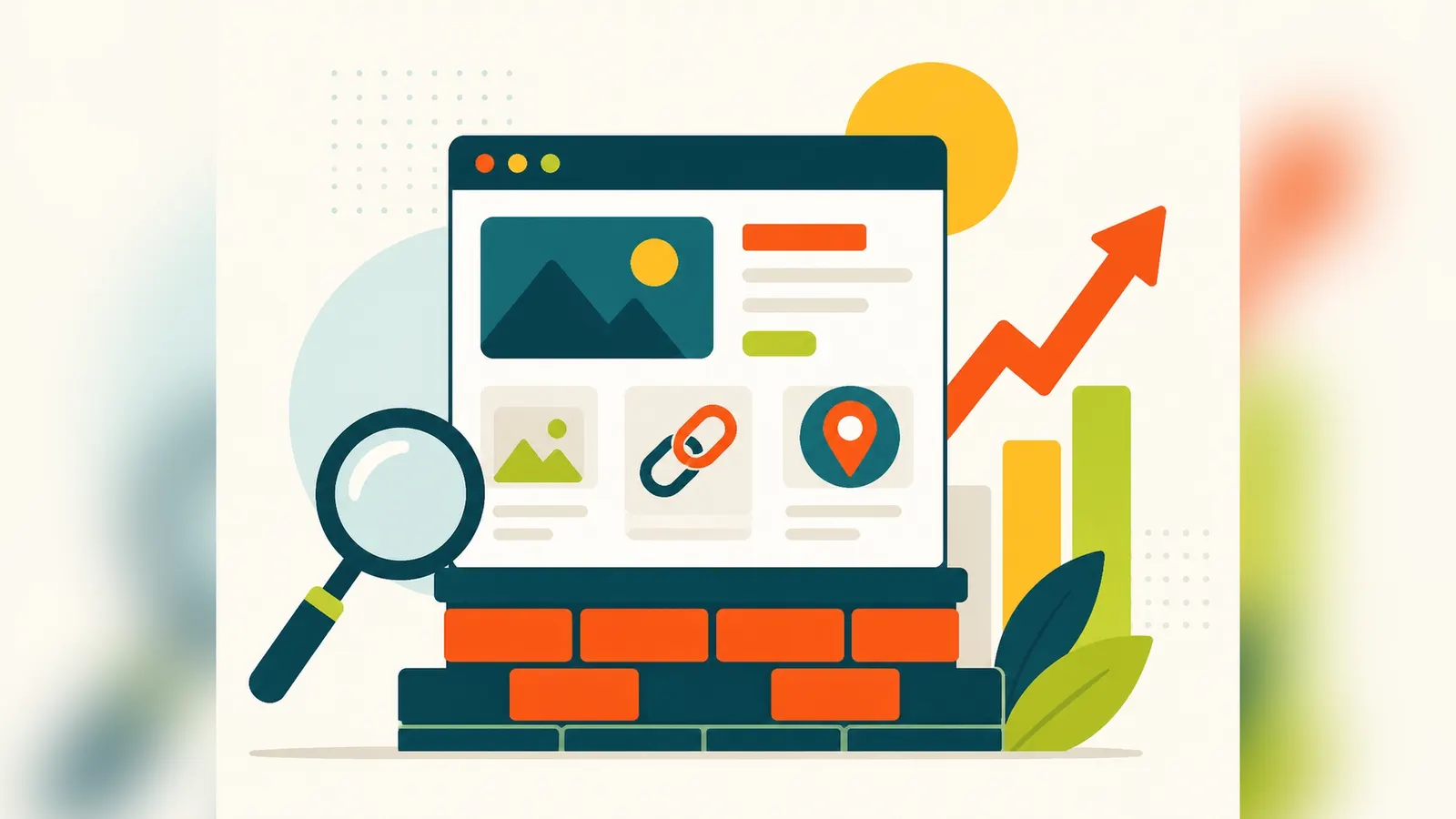 Flat illustration of a website page built on strong foundation bricks with a magnifying glass and rising arrow, representing SEO website design